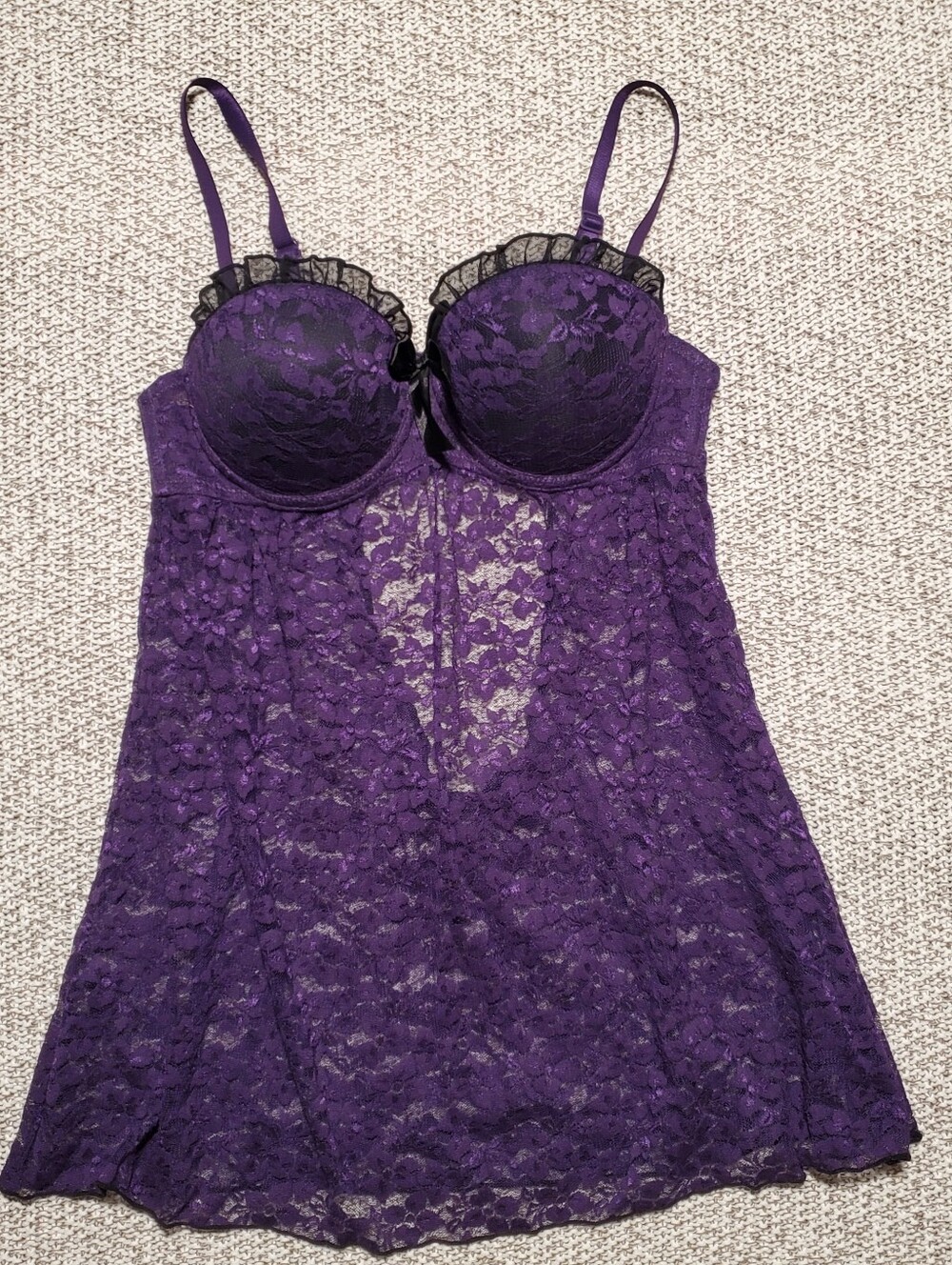 Shirley of Hollywood Purple Lace Babydoll Chemise with Ruffle Trim